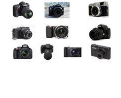 Various cameras on a white background.Assorted camera models displayed, not InFocus IN83 projector.