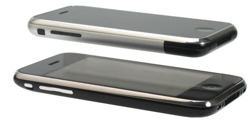 Apple iPhone 3G lying flat, front and back view.Apple iPhone 3G viewed from front and side.