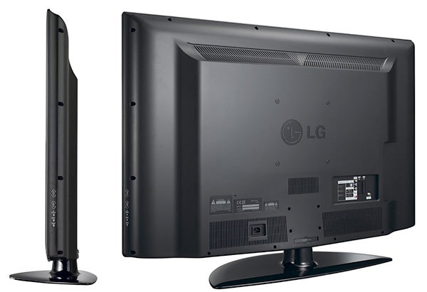 LG 52LG5000 LCD TV side and rear view showing ports.Rear view of LG 52-inch LCD television with stand