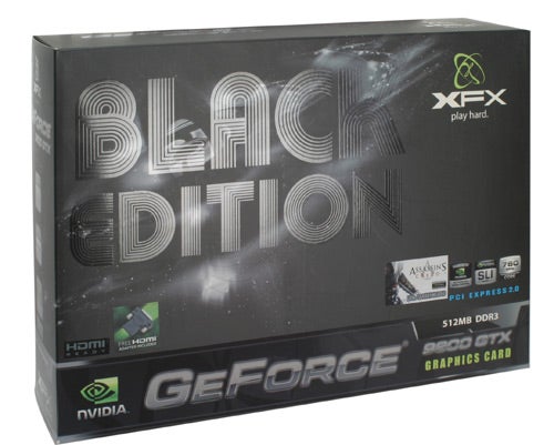 XFX GeForce 9800 GTX Black Edition graphics card box.