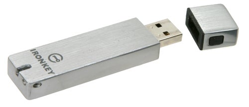 IronKey Secure Flash Drive with cap detached.IronKey Secure Flash Drive with cap removed.