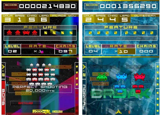 Screenshots of Space Invaders Extreme gameplay with score statistics.