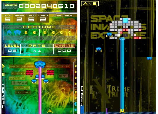 Screenshot of gameplay from Space Invaders Extreme video game.Screenshots of Space Invaders Extreme gameplay with score display.