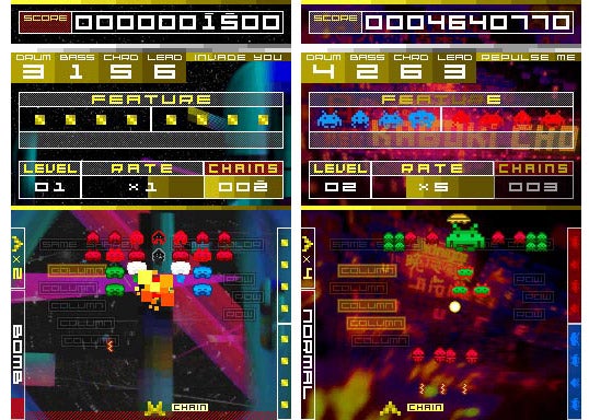 Four screenshots of gameplay from Space Invaders Extreme.Collage of Space Invaders Extreme gameplay at various levels.