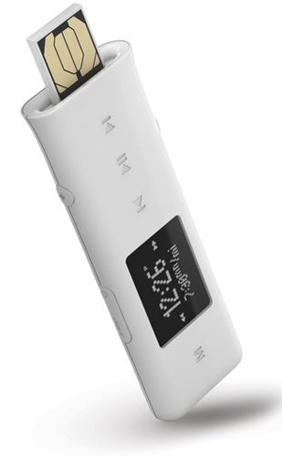 iRiver T7 MP3 player with USB connector exposed.iRiver T7 MP3 player with display screen and controls.