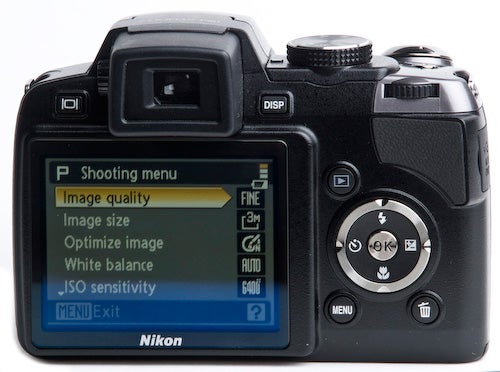 Nikon Coolpix P80 camera displaying shooting menu on LCD screen.Nikon Coolpix P80 camera displaying its shooting menu.
