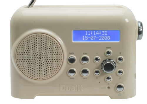 Dualit Lite Radio with digital display on white background.Beige Dualit Lite Radio with digital display on white background.