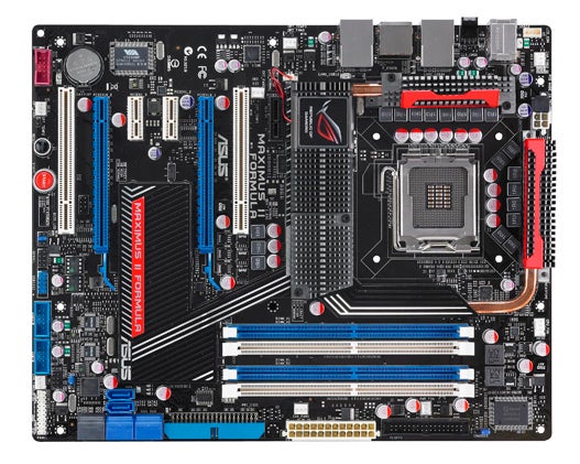 Asus Maximus II Formula motherboard isolated on white background.