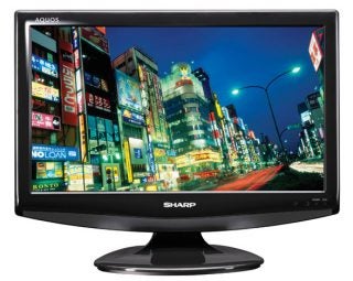 Sharp Aquos LC-19D1E 19-inch LCD television displaying cityscape.