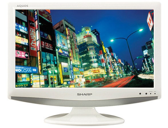 Sharp Aquos LC-19D1E LCD TV displaying vibrant cityscape image.Sharp Aquos LC-19D1E 19-inch LCD TV displaying vibrant cityscape.