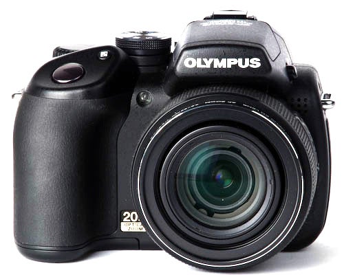 Olympus SP-570 UZ digital camera on white background.Olympus SP-570 UZ camera frontal view on white background.