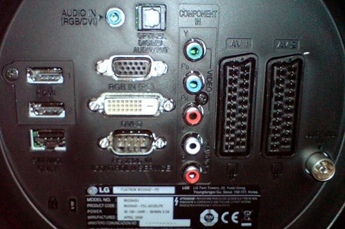 Back panel of LG Flatron M2294D showing various input ports.Back panel of LG M2294D LCD TV Monitor showing ports.