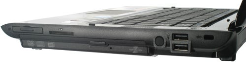 Side view of Samsung Q210 notebook showing ports and CD drive.Side view of Samsung Q210 Notebook showing ports.