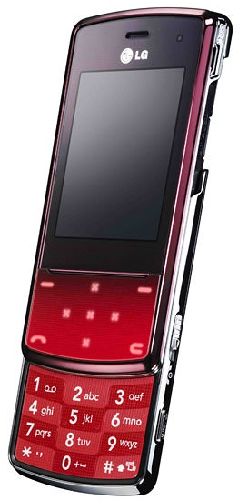LG KF510 red slider phone displayed verticallyLG KF510 mobile phone with slide-out keypad displayed.