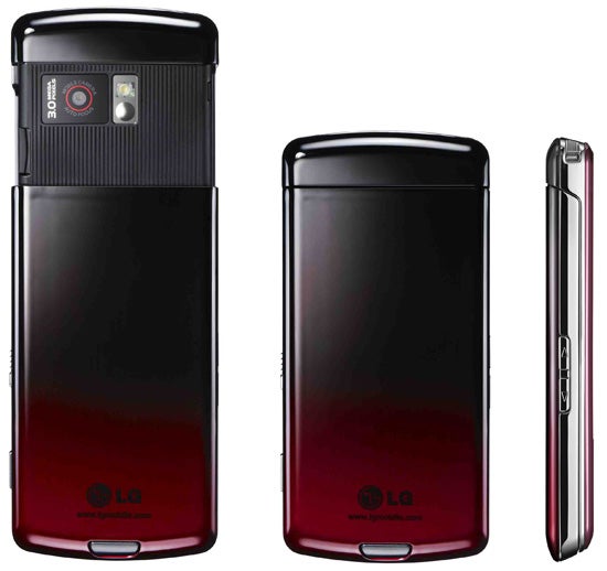 LG KF510 phone in three views showing design and camera.LG KF510 mobile phone in various views showing design.