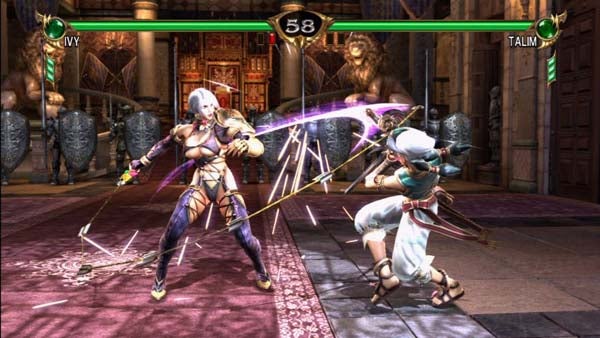 Soul Calibur IV characters Ivy and Talim in battle scene.Soul Calibur IV gameplay showing Ivy versus Talim.
