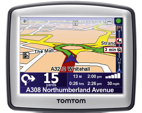 TomTom One V4 GPS displaying map and route information.