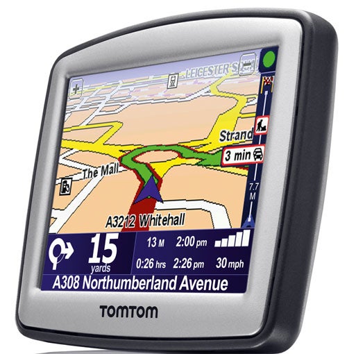 TomTom One V4 GPS navigator showing a map and route info.TomTom One V4 GPS navigator showing a map and route data.