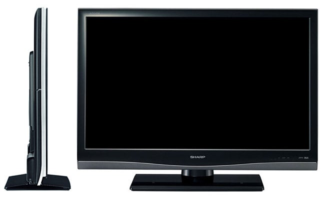 Sharp Aquos LC-32XL8E 32-inch LCD TV from front and side viewsSharp Aquos LC-32XL8E 32-inch LCD TV front and side view.