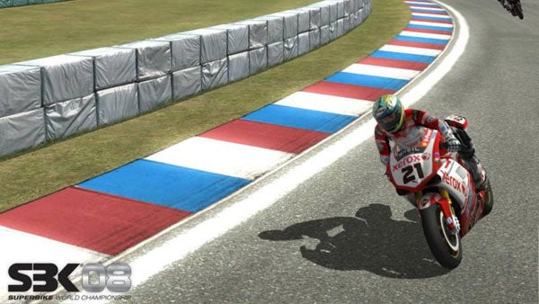 Screenshot from SBK '08 video game showing a motorcycle racer on track.