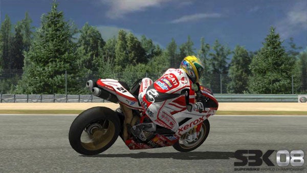 Screenshot of SBK '08 game showing a motorcycle on a race track.Motorcycle racing screenshot from SBK '08 video game.