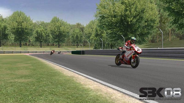 Screenshot from SBK '08 motorcycle racing video game.Screenshot of SBK '08 video game showing motorcycle race.