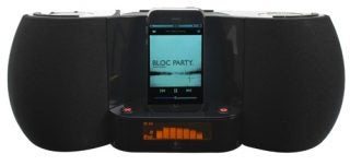 Logitech Pure-Fi Dream speaker with docked iPod displaying music.