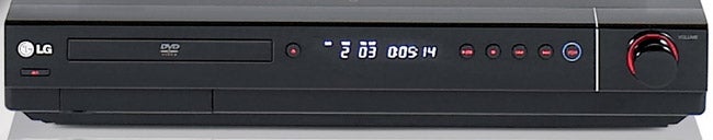 LG HT503TH Home Cinema System DVD player front view.Close-up of LG HT503TH Home Cinema System DVD player front panel.