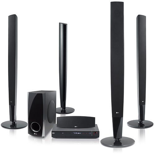 LG HT503TH Home Cinema System with speakers and subwoofer.LG HT503TH Home Cinema System with four tall speakers.