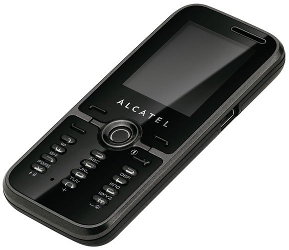 Black Alcatel OT-S520 mobile phone on white background.