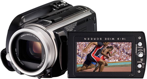 JVC Everio GZ-HD10 camcorder displaying sports footage on LCD screen.