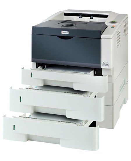 Kyocera Mita FS-1300D Mono Laser Printer with open trays.