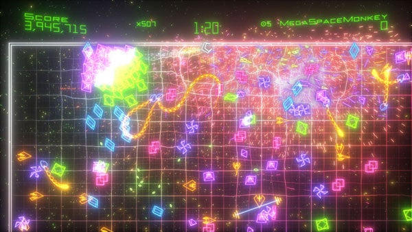 Screenshot of Geometry Wars: Retro Evolved 2 gameplay.Colorful in-game screenshot of Geometry Wars: Retro Evolved 2.