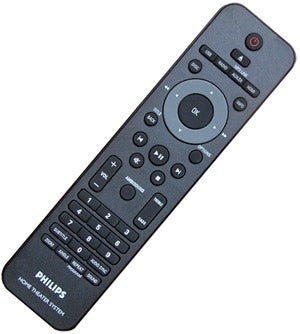 Philips home cinema system remote control on white background.