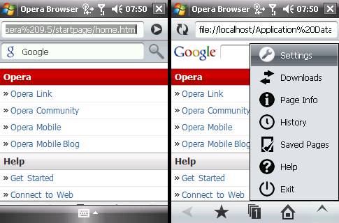 Screenshots of Opera Mobile 9.5 Beta interface on a phone.