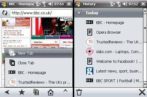 Screenshots of Opera Mobile 9.5 Beta showing browser interface.Screenshot of Opera Mobile 9.5 Beta showing BBC homepage and history tab.