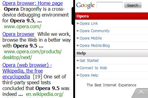 Screenshot of Opera Mobile 9.5 Beta search results and menu.Screenshot of Opera Mobile 9.5 Beta search results and browser interface.
