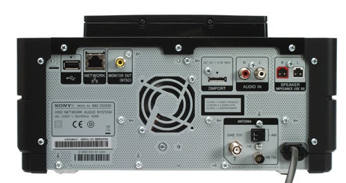 Back panel of Sony Giga Juke NAS-SC55PKE audio system.Rear view of Sony Giga Juke NAS-SC55PKE showing ports and connections