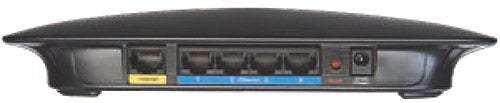 Linksys RangePlus WRT110 Router back panel ports and switches.Linksys RangePlus Wireless Router WRT110 rear ports view.