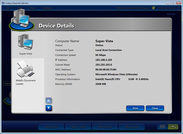 Screenshot of Linksys router software showing device details.Linksys EasyLink Advisor software showing device details screen.
