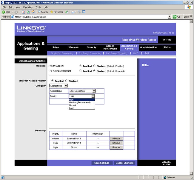 Screenshot of Linksys router QoS settings in web interfaceScreenshot of Linksys router Quality of Service settings page.