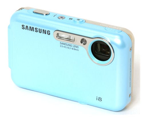 Samsung i8 digital camera in light blue color.