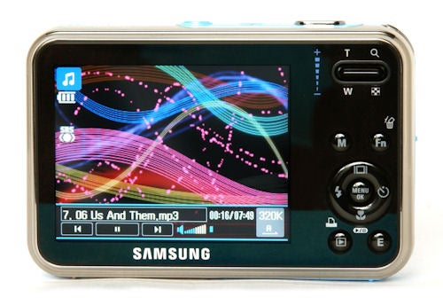 Samsung i8 camera displaying a colorful screen with music player function.Samsung i8 digital camera displaying an MP3 player screen.