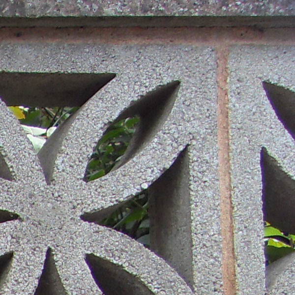 Close-up of a decorative stone wall with leafy background.Close-up of a decorative concrete block with leaf patterns