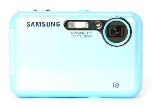 Blue Samsung i8 digital camera on a white background.Samsung i8 digital camera in light blue color