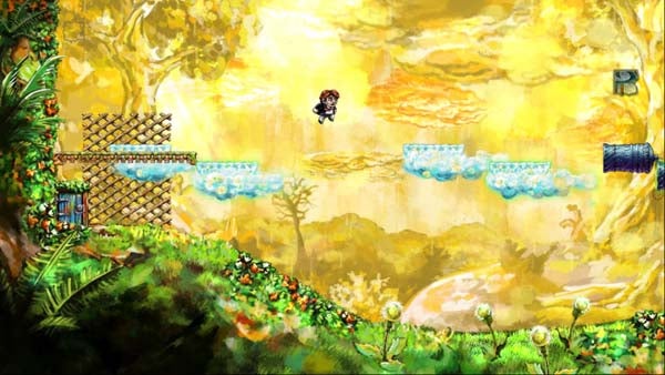 Screenshot of gameplay from the Braid video game.Screenshot of Braid game level with character jumping between platforms