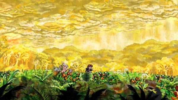Artistic scene from Braid video game with characters and vibrant landscape.Screenshot of Braid game with character in vibrant landscape.