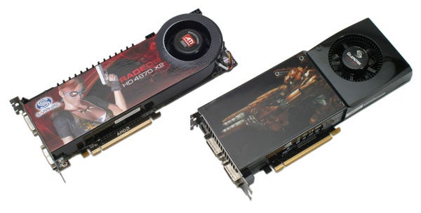 Two ATI Radeon HD 4870 X2 graphics cards side by side.