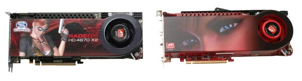 Radeon HD 4870 X2 graphics card with red and black design.