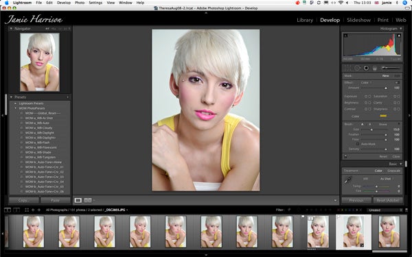 Screenshot of Adobe Photoshop Lightroom interface with female model photo.